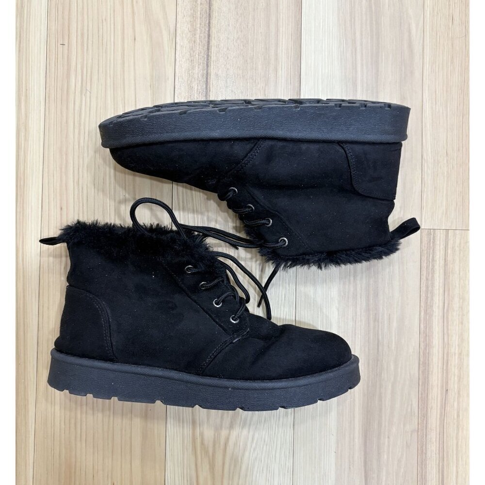 Womens Black Faux Fur Lined Lace-Up Ankle Boots With Chunky Sole Size 9